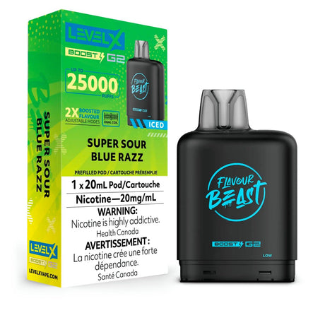 Shop Level X Boost Pod 20ml - Flavour Beast - Super Sour Blue Razz Iced - at Vapeshop Mania