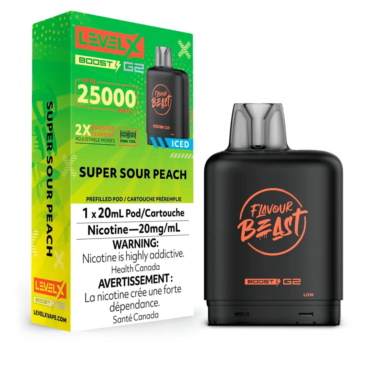 Shop Level X Boost Pod 20ml - Flavour Beast - Super Sour Peach Iced - at Vapeshop Mania