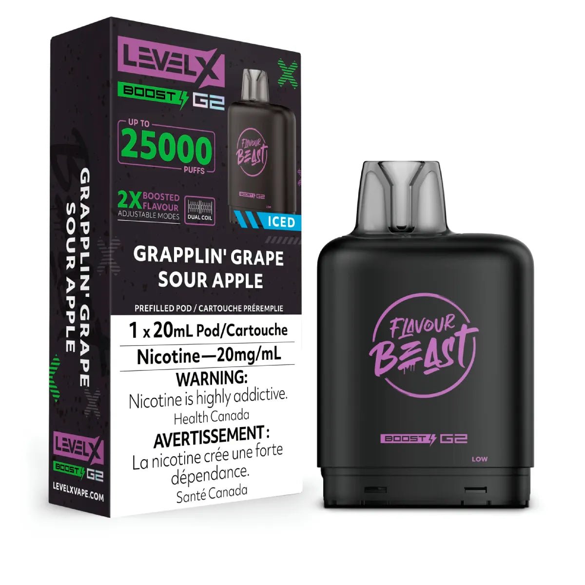 Shop Level X Flavour Beast Boost 25K Pod 20ml - Grapplin' Grape Sour Apple Iced - at Vapeshop Mania